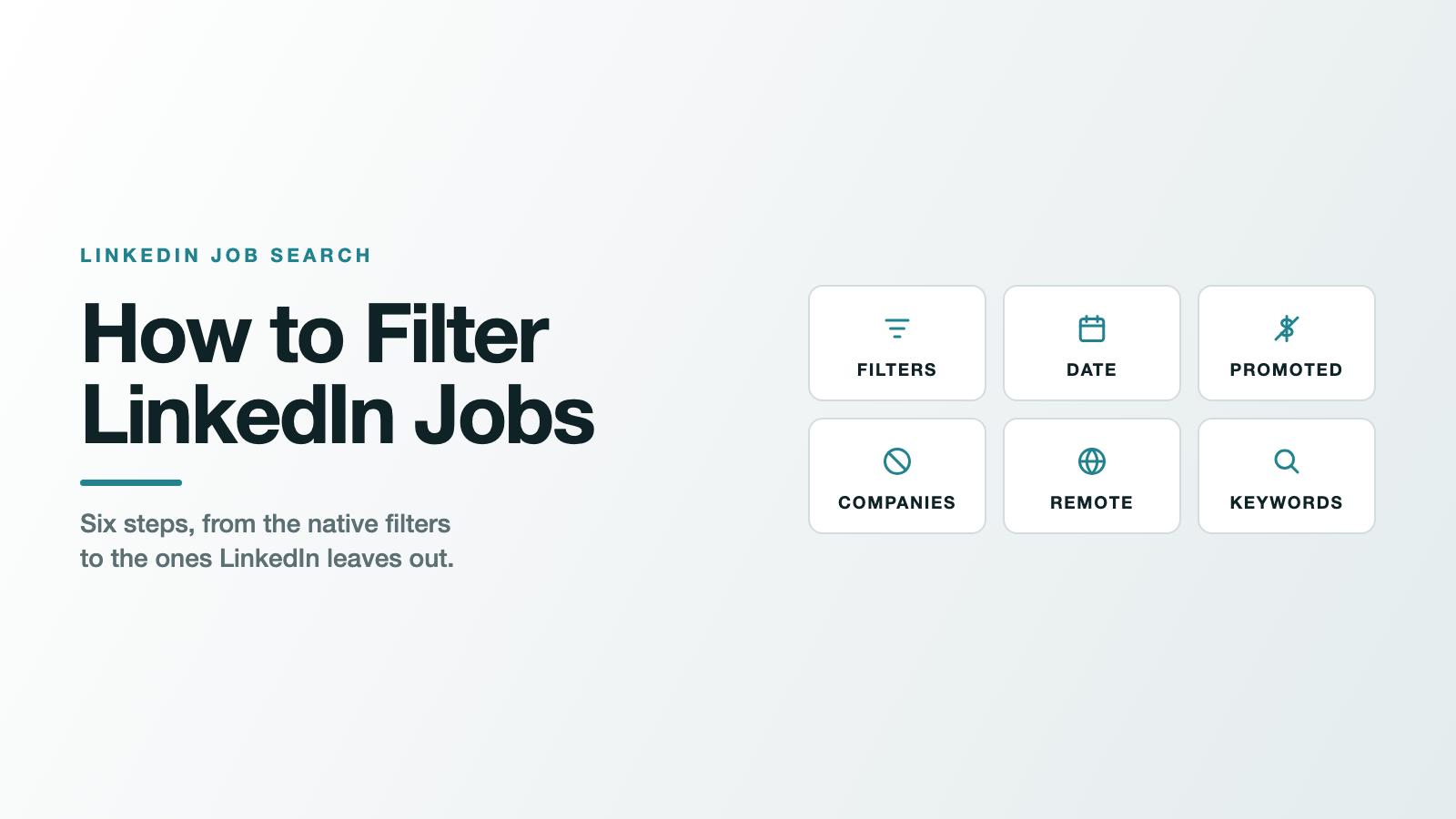 Title card for the post How to Filter LinkedIn Jobs, with labelled icons for filters, date, promoted, companies, remote, keywords